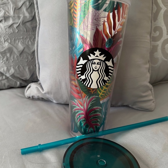 Starbucks Metalic Tropical Leaves Aloha Tumbler Used  24 oz comes with Straw Gd - Picture 6 of 7